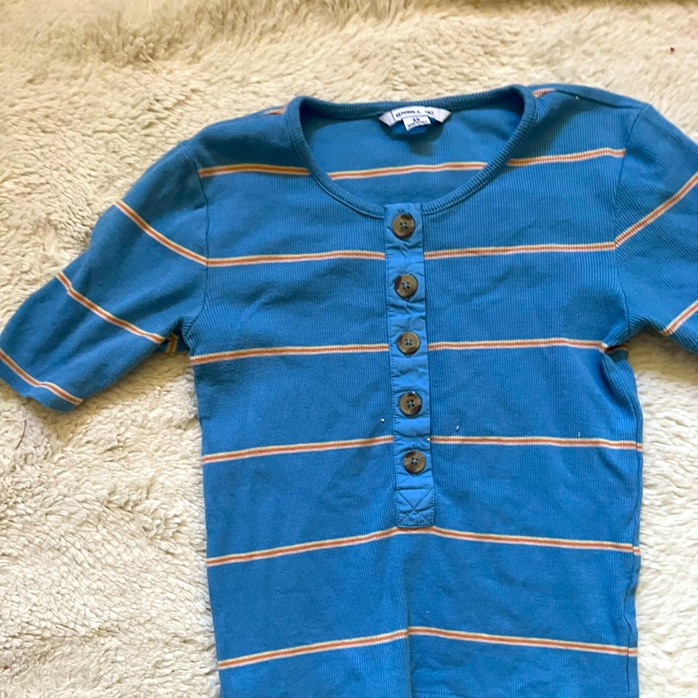 Blue shirt with orange stripes